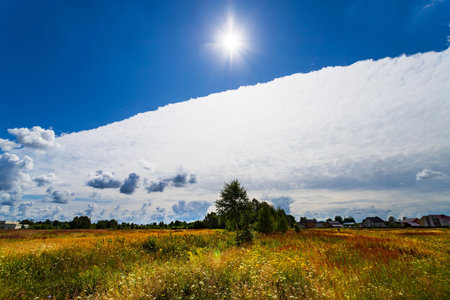 Two types of clouds over a field on a sunny summer dayの写真素材