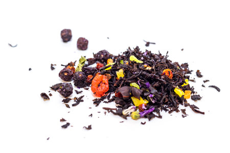 Pile of dry herbal tea with fruits isolated on white backgroundの写真素材
