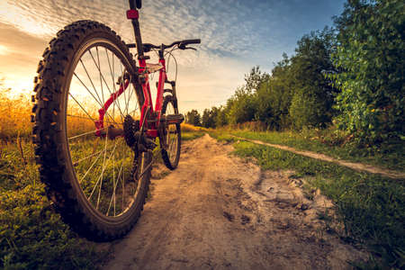 Bicycle silhouette at the sunset dirt road in the countryside. Idea and concept of physical activity and healthy lifestyleの写真素材