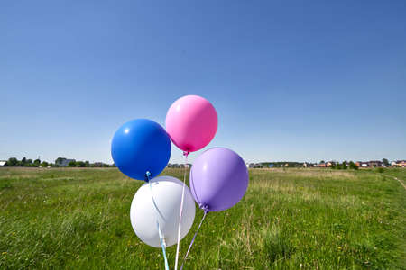 Set of Air Balloons. Bunch of multicolored balloons on sky background. Love. Holiday celebration. Valentines Day party decoration. Happy holiday backgroundの写真素材