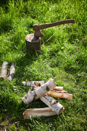 Ax and birch firewood. The concept of harvesting firewood. A rustic tool for the job. Vertical photo.の写真素材