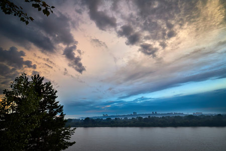 Summer sunset on the Volga river. Summer evening.の写真素材