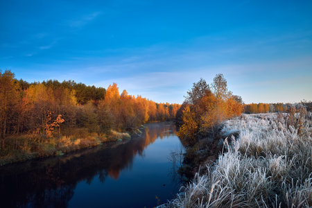 Sunrise on autumn frosty nature. Landscape of sunrise with frosty dry grass on the river.の写真素材