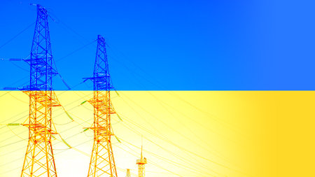 Ukrainian flag with electric tower and lines and sunlight. Energy supply in Ukraine. High electricity and energy market prices. Crisis situation.の写真素材