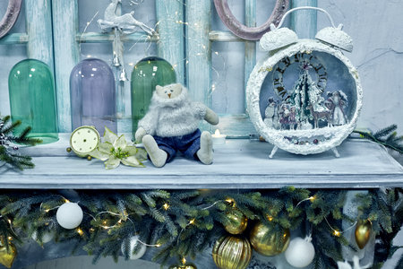 Merry Christmas and Happy Holidays. A beautiful living room decorated for Christmas in the retro style.の写真素材