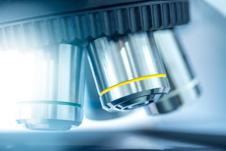 Medical laboratory, Scientist hands using microscope for chemistry biology test samples, examining...
