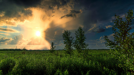 Beautiful sky over a field after a summer thunderstorm.の写真素材