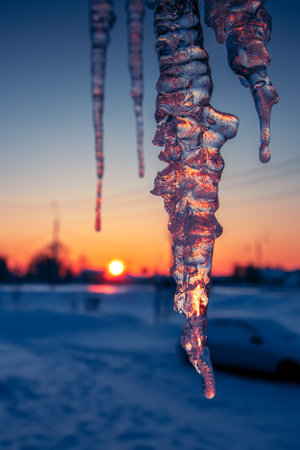 Icicles in the rays of the morning sun. Close up.