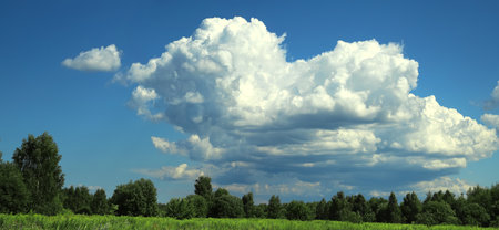 Summer landscape with blue sky in soft white clouds over green field of grass. Beautiful natural countryside. Nature rural scene with copy space for designの写真素材