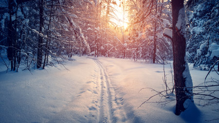 Sunny morning in a winter snowy forest. Frosty morning. Frost falls from the trees. The ski track is covered with snow.の写真素材
