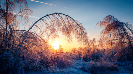 Winter landscape frosty trees in winter forest in the sunny morning. Winter landscape with snowy...