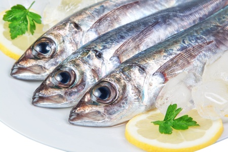 Three raw mackerel in the macro.