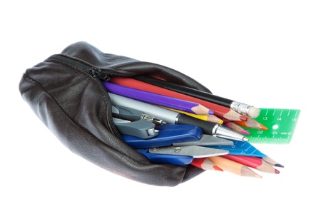 Pencil case with school supplies on a white background.の写真素材