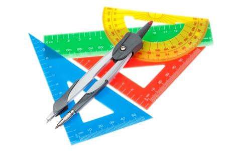 A set of rulers for the school and a compass on a white background.