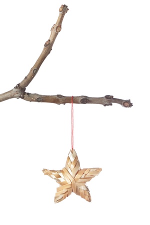 Decorative straw star on a branch for Christmas. Isolated.の写真素材
