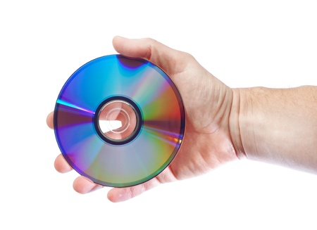 The man in the hand lerzhit cd drive. Close-up on a white background.