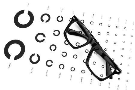 Table for an eye examination by an ophthalmologist with symbols. Dark glasses.