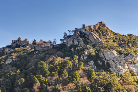 Vintage wall ruins of the castle Mouros on the hill. Sintra Portugal.のeditorial素材