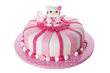Wonderful decorative cake for children. With doll cat. On a white background.の写真素材