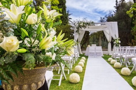 Decorations for the wedding ceremony. Flowers closeup.