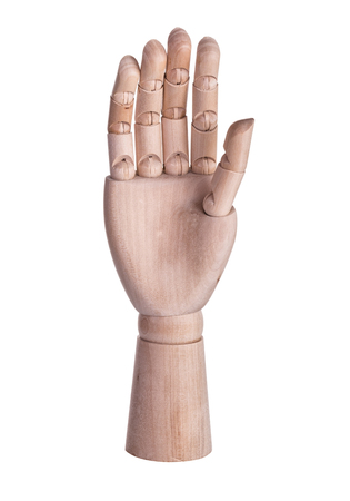 Wooden mannequin hand. On a white background.の写真素材
