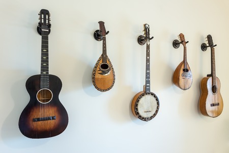Ancient stringed musical instruments on wall.の写真素材