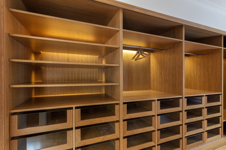 Large wardrobe closet, with empty shelves.の写真素材