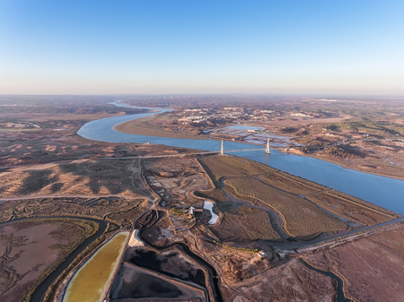 Aerial. Textured fields of swampy salt lakes. Vila Real Santo Antonio.の写真素材
