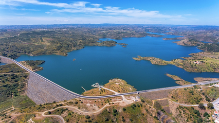 Aerial. Videography of drone, reservoir dam Odeleite. Portugalの写真素材