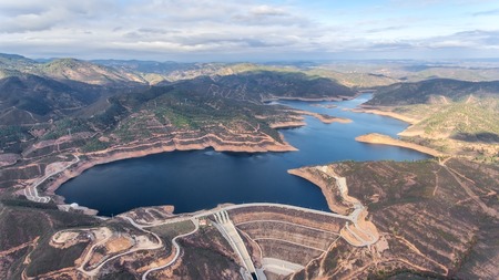 Aerial. Reservoir dam Odelouca of drinking water in the Algarve region of Portugal.の写真素材