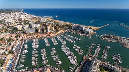 Aerial view of the bay of the marina, with luxury yachts in Vilamoura.の写真素材