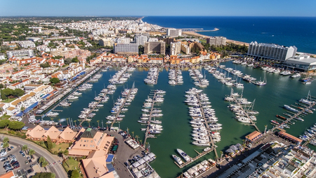 Aerial view of the bay of the marina, with luxury yachts in Vilamoura.の写真素材