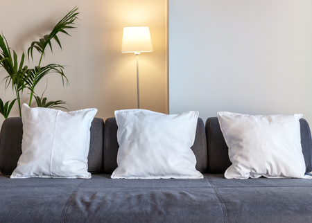 Sofa in the living room with pillows and lampshade.の写真素材