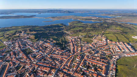 Aerial. View from above village and castle Mourao, district Evora. Portugal.の写真素材