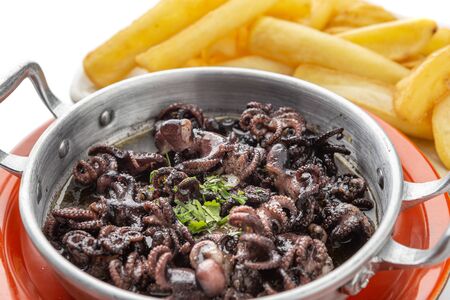 Small octopus stewed with fried potatoes. Portuguese dish.