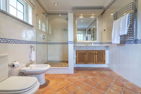 Modern toilet with bathtub and beautiful decor.の写真素材