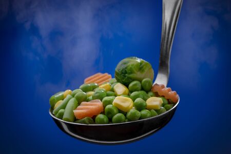 Steamed vegetarian vegetables in a scoop of soup. Close up on a blue background.の写真素材