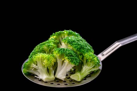 Fresh broccoli on a spoon scoop, ready for use by vegetariansの写真素材