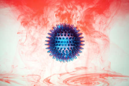 Coronavirus, pandemic bacteria model on red-white background in blood. Copy space.