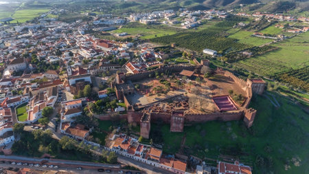 The Portuguese historic village of Silves, Algarve Alentejo zone, view from the sky, aerial.の写真素材
