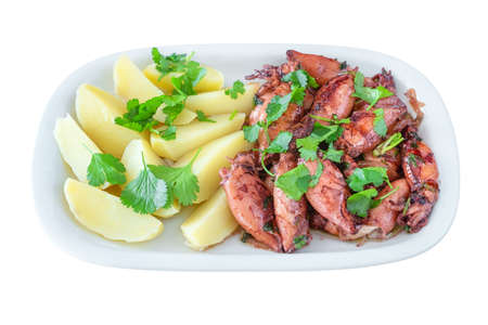 Traditional portuguese dish baked potato with fried or grilled squid on plate on isolated white...