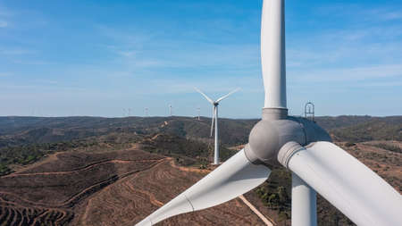 Aerial view wind turbine eco friendly renewable energy concept on Portuguese mountains background....