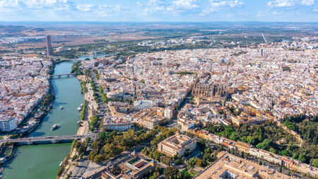 Aerial view of the Spanish city of Seville in the Andalusia region on the river Guadaquivir overlooking the cathedralの写真素材