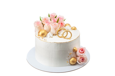 The wedding cake is decorated with flowers and decorative wedding rings with roses and gold decorative balloons. On a white isolated background.の写真素材