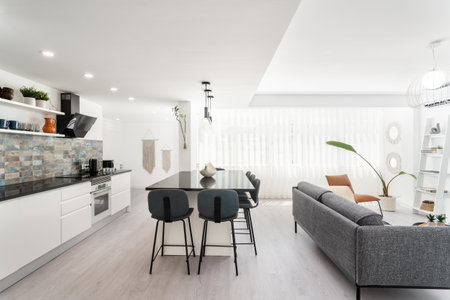 Beautiful studio with kitchen in luxury home with marble table chairs and sofa. Modern decoration.の写真素材