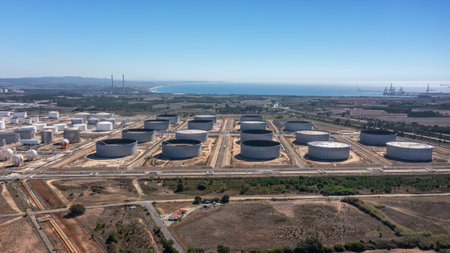 Portugal Sines oil terminal storage tanks, aerial view, oil and gas storage tanks, oil refinery...