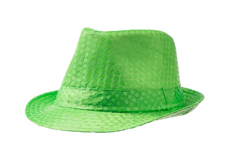 Green hat for musical performance, in sequins on isolated white background closeup. Side view.の写真素材