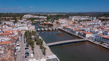 Aerial, Tavira, Portugal Scenic Tavira views, Beautiful river landscapes in Tavira, Breathtaking riverside scenery around Tavira town, Picturesque river vistasの写真素材