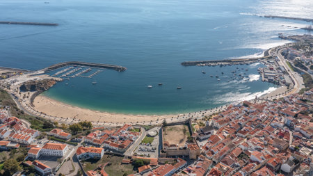 sines portugal. coastal scenic panorama, vivid aerial scene of tranquil beach area, highaltitude perspective showcasing serene sines cove with inviting watersの写真素材