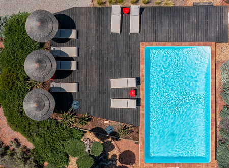 A serene outdoor space includes a clear swimming pool and lounge chairs beneath shaded umbrellas, surrounded by neatly arranged greenery in daylightの写真素材